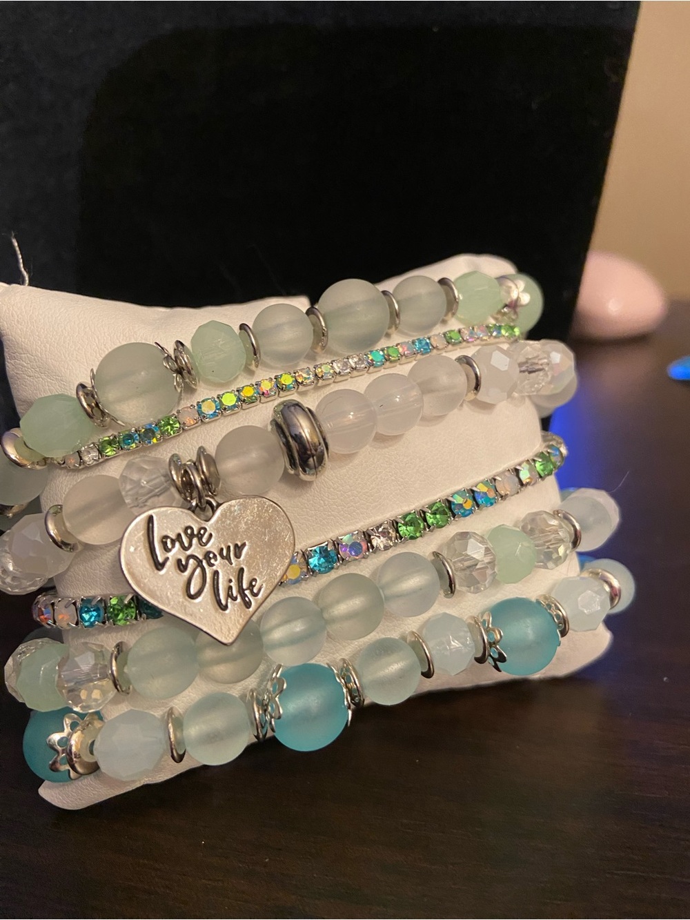 Inspirational Love Your Life beaded & rhinestone tennis stretch bracelet set